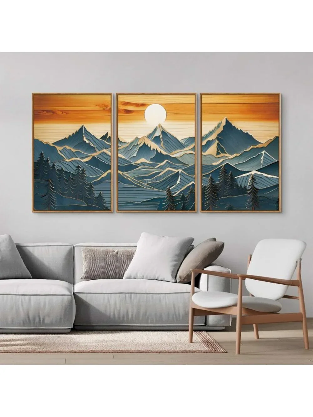 Large Framed Canvas Wall Art Set of 3 - Boho Nature & Sunset Landscape Decor